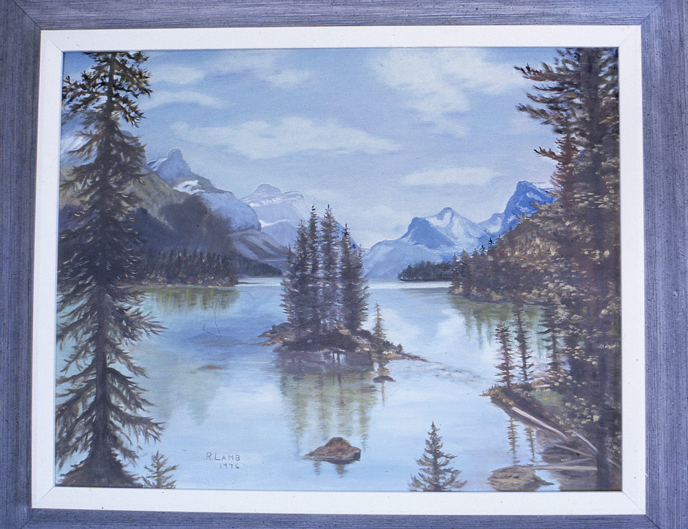 Artist Ruth Lamb Painting of Water Trees and Mountains 1976