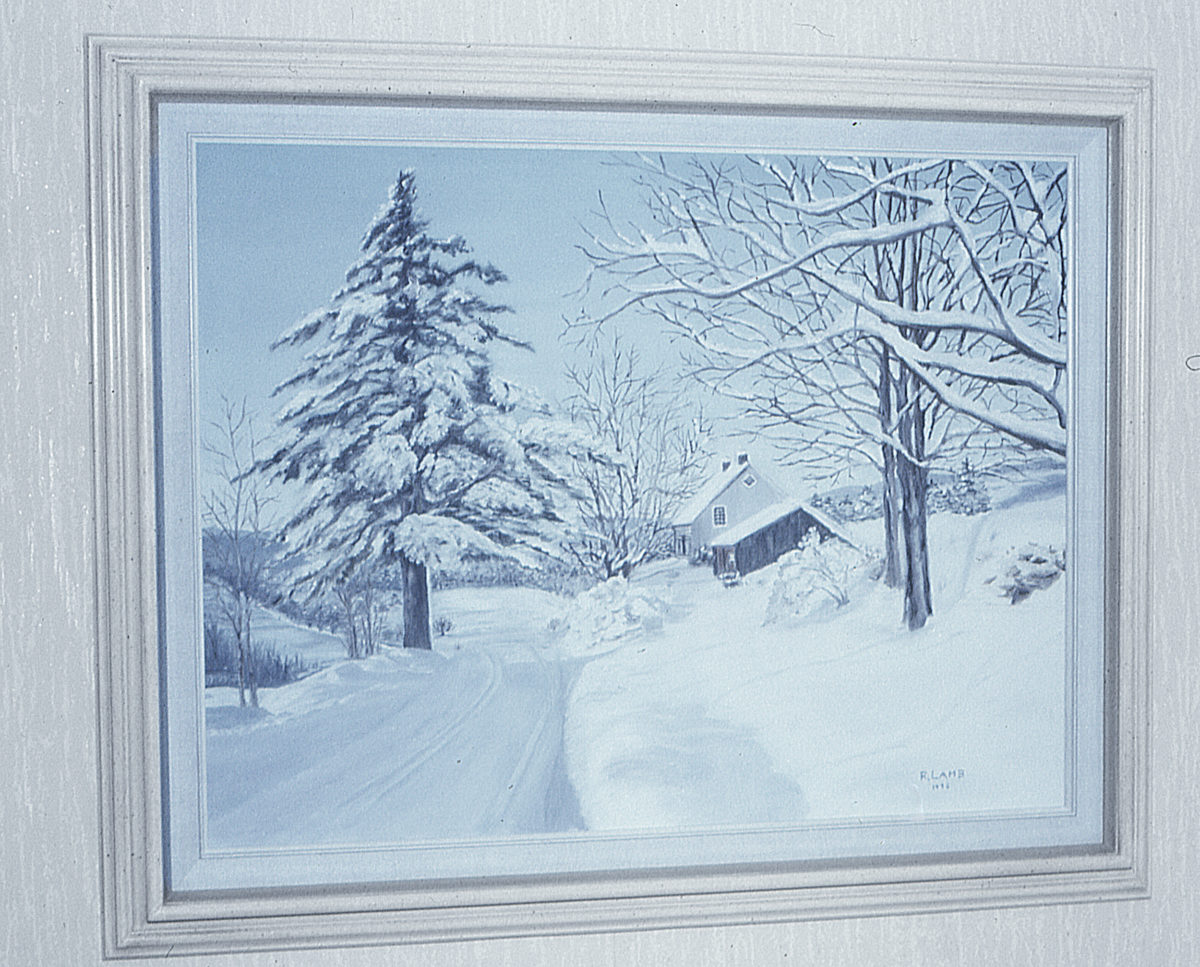 Artist Ruth Lamb Painting of Country House in Heavy Snow 1976