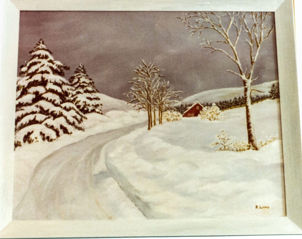 Ruth Lamb painting of a country road with snow bought by Movie Star Van Johnson